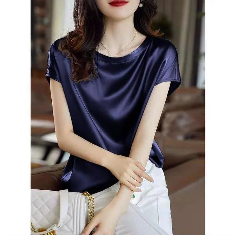 Summer Raglan Sleeve Faux Silk Satin Blouse Women Elegant Office OL Tops Loose Fit T-Shirts Basic Blusas Female Tunic Oversized