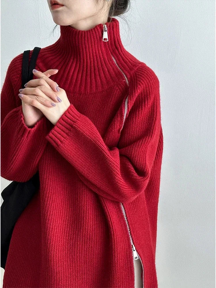 Women's Turtleneck Zipper Oversize Fashion Women Sweaters 2026 Autumn Knitwears Loose Thick Warm High Neck Solid Pullovers Women