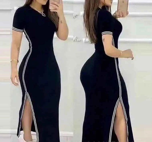 Womens Dresses 2023 Summer Fashion Striped High Slit Casual O-Neck Short Sleeve Daily Skinny Maxi A Line Dress Woman Clothing