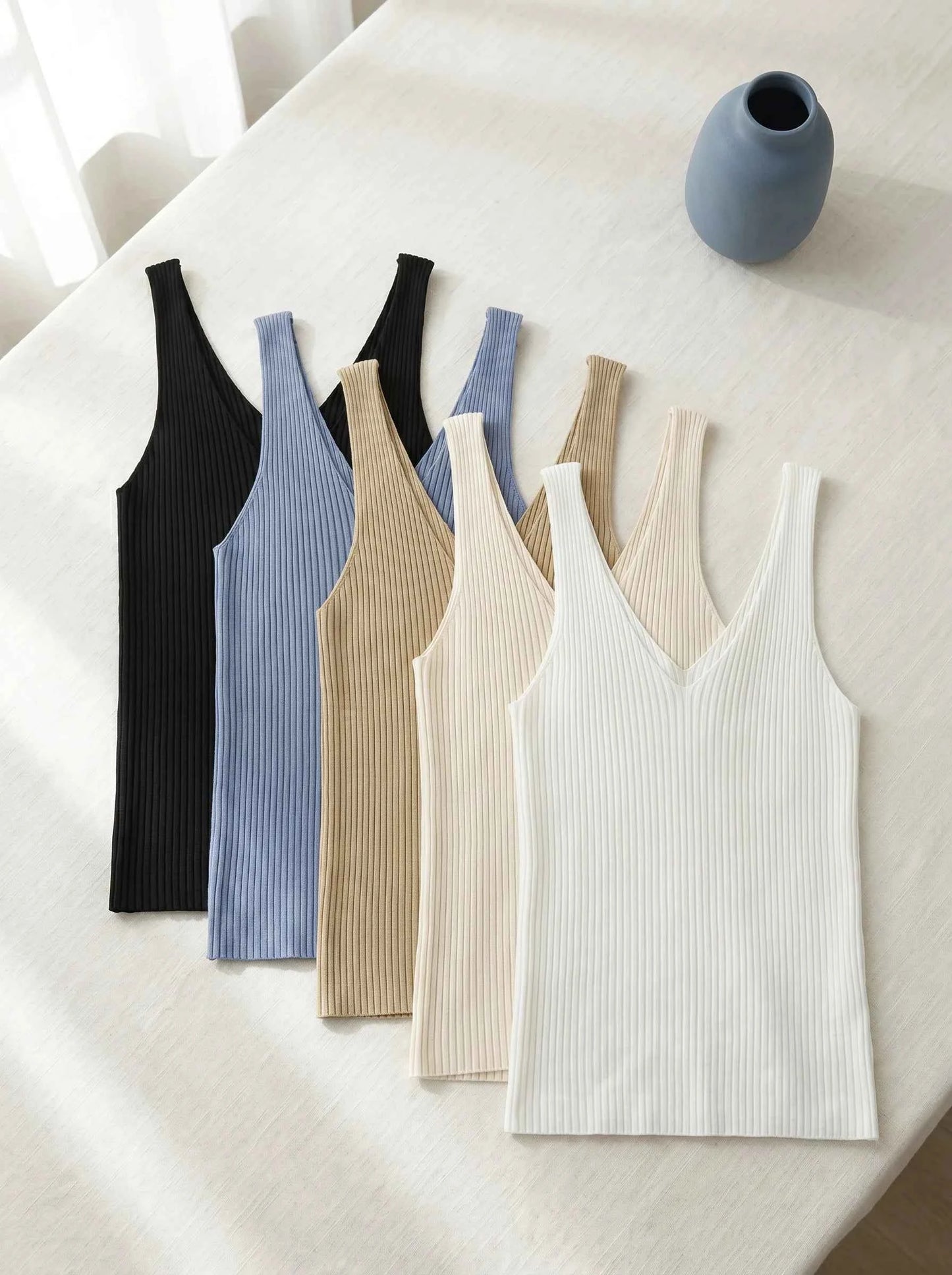 Ice Silk Knit Camisole Tank Top – Slim Fit V-Neck Sleeveless Top for Women