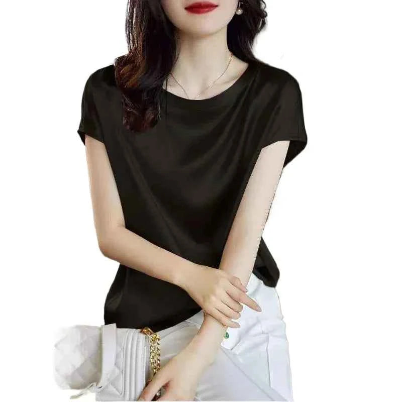 Summer Raglan Sleeve Faux Silk Satin Blouse Women Elegant Office OL Tops Loose Fit T-Shirts Basic Blusas Female Tunic Oversized
