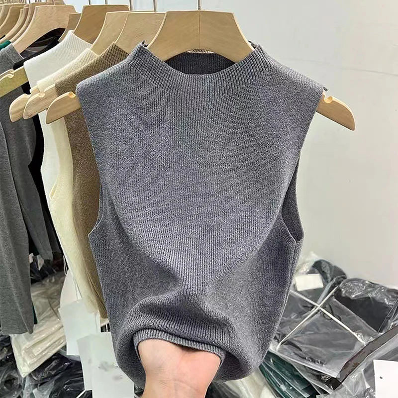 1PC Fashion Half Turtleneck Knitted Tank Top Summer Women Casual Solid Color Sleeveless Vest