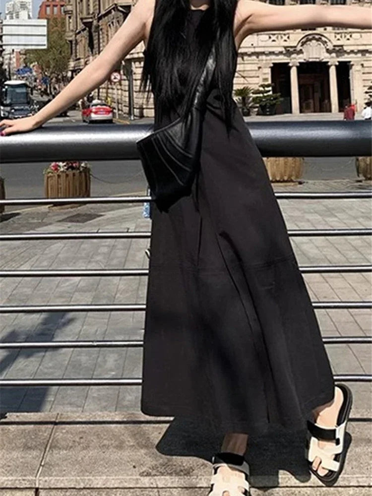 Casual Loose Simple Basic Woman Dress Black Beach Sleeveless Dresses Female Chicly French Summer New Solid Color Women Dress