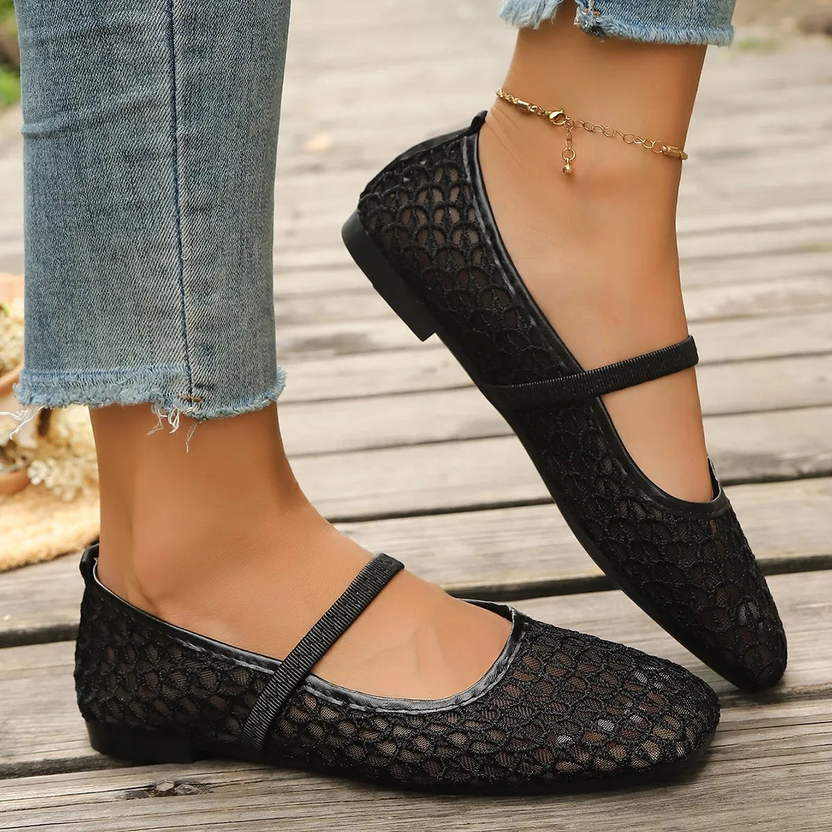 Breathable Woven Flats | Square Toe Buckle Strap Ballet Shoes for Women