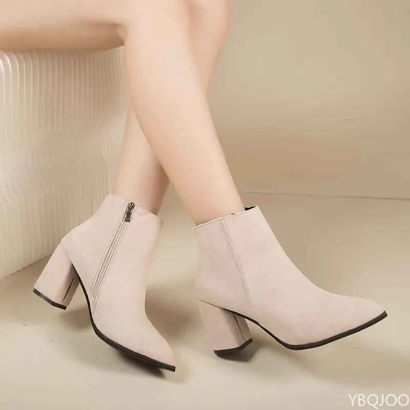 Fashionable versatile short boots women autumn winter pointed toe thick heel side zipper casual comfortable high-heeled boots