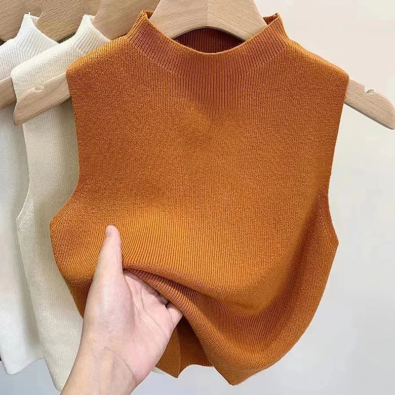 1PC Fashion Half Turtleneck Knitted Tank Top Summer Women Casual Solid Color Sleeveless Vest