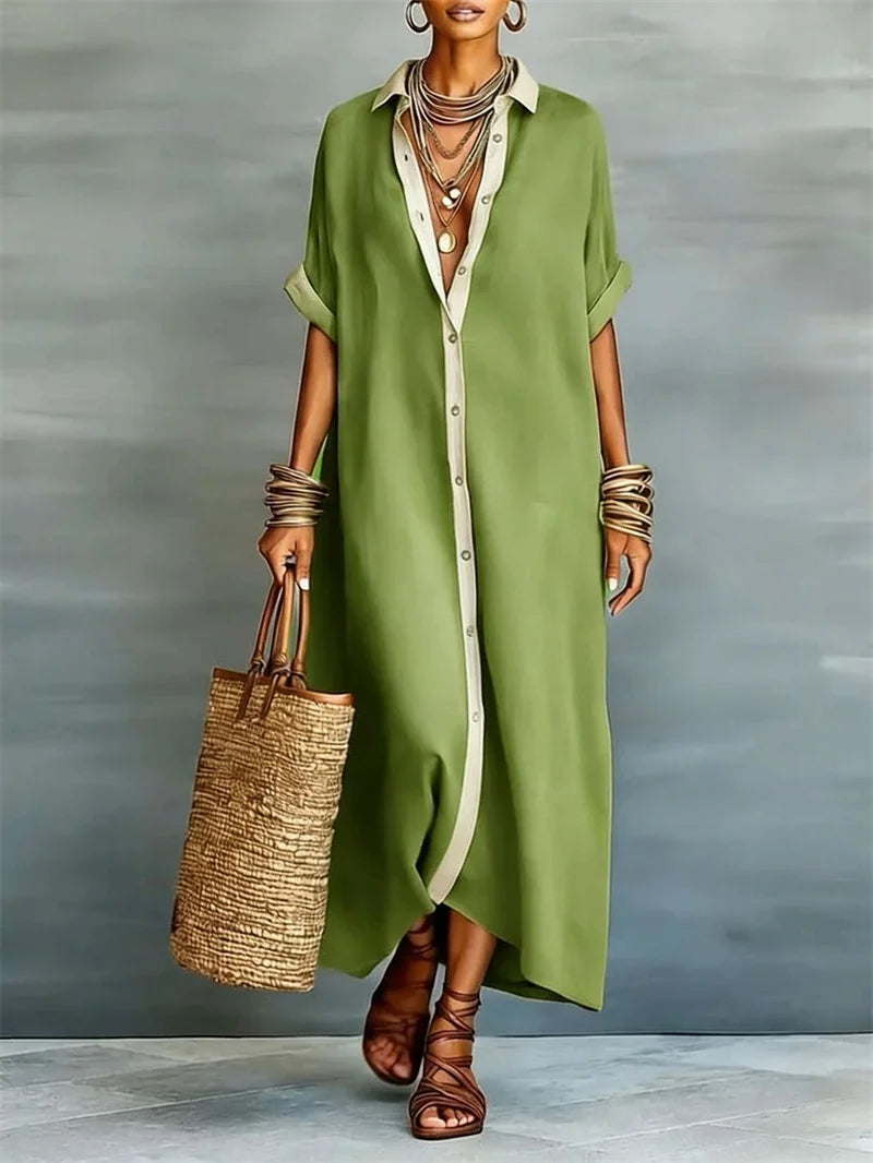 Women Comfortable Casual Cotton Linen Dresses Summer Contrasting Loose Maxi Shirt Dress Female Turndown Collar Short Sleeve Gown