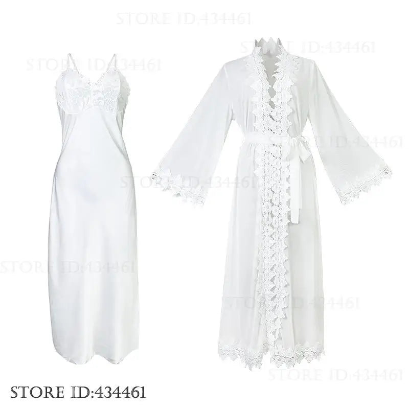 Ice Silk Lace Nightgown & Robe Set — Sexy Suspender Sleepwear