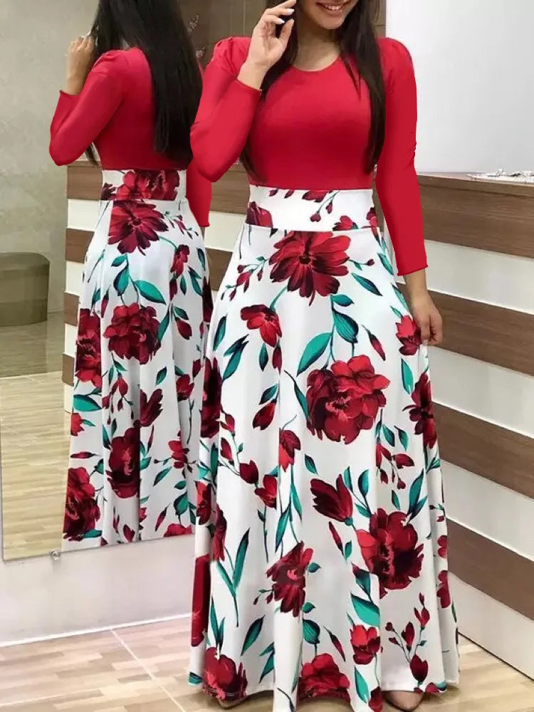 Floral Print Swing Dress — Short Sleeve Color Block Midi Skirt