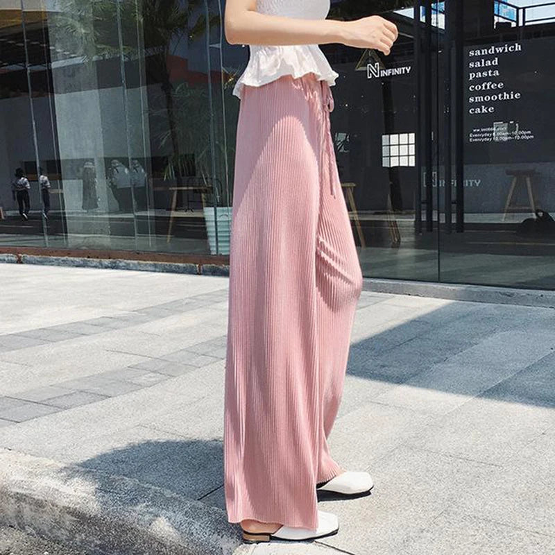 Women's Pleated Wide-Leg Pants | Ice Silk Loose Trousers with Elastic Waist