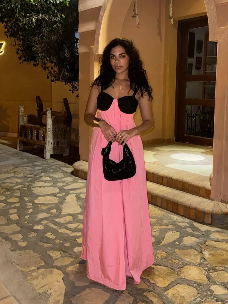 Color Block Halter Maxi Gown — Backless Off-Shoulder Sleeveless Party Dress