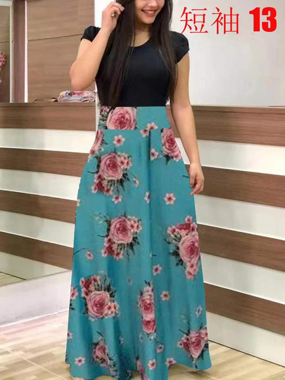 Floral Print Swing Dress — Short Sleeve Color Block Midi Skirt