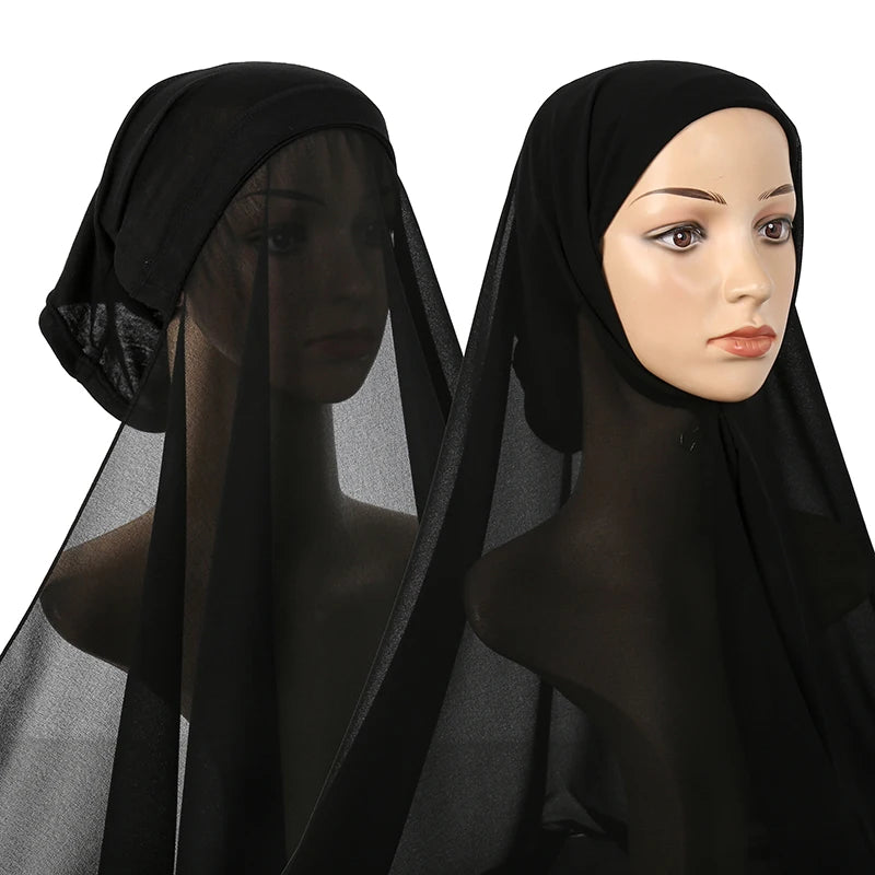Instant Hijab with Tube Caps Women Premium Chiffon Hijab Muslim Soft Modal Cotton Open Caps Solid Colors Chiffon Shawl Turban