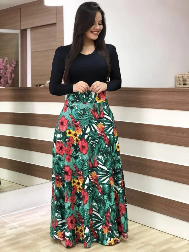 Floral Print Swing Dress — Short Sleeve Color Block Midi Skirt
