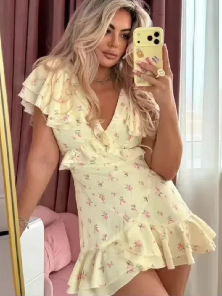 Floral V-Neck Ruffle Dress — Cinched Waist Layered Short Sleeve Dress