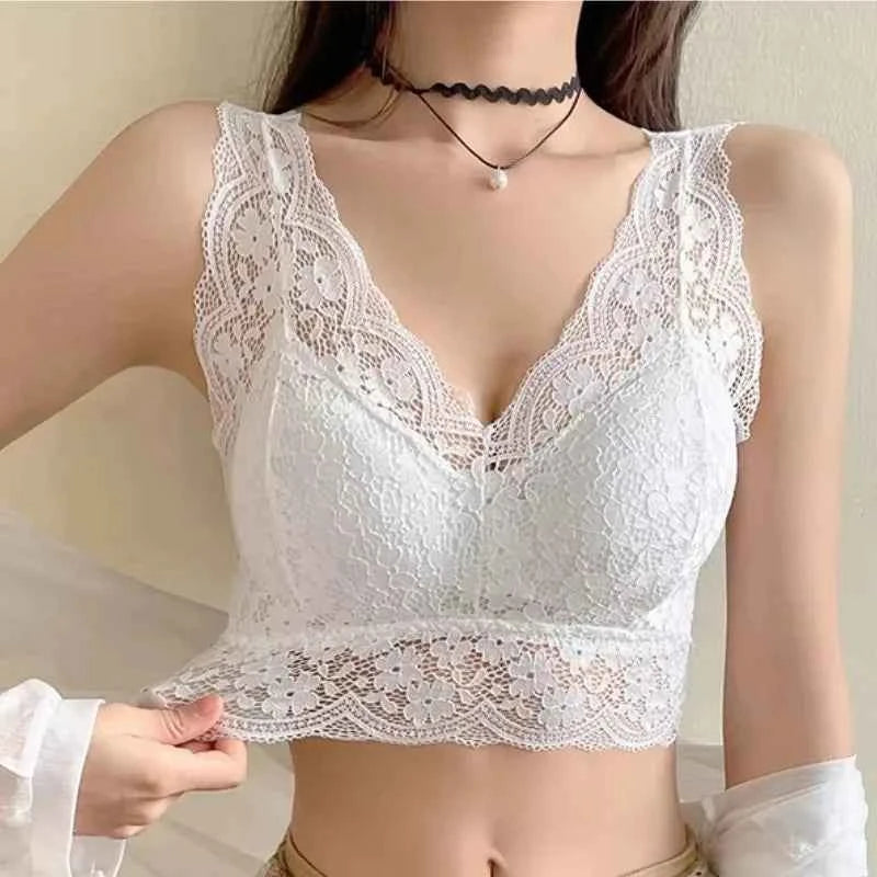 Floral Lace Bralette Camisole – Wire-Free Padded Deep V Crop Top for Women