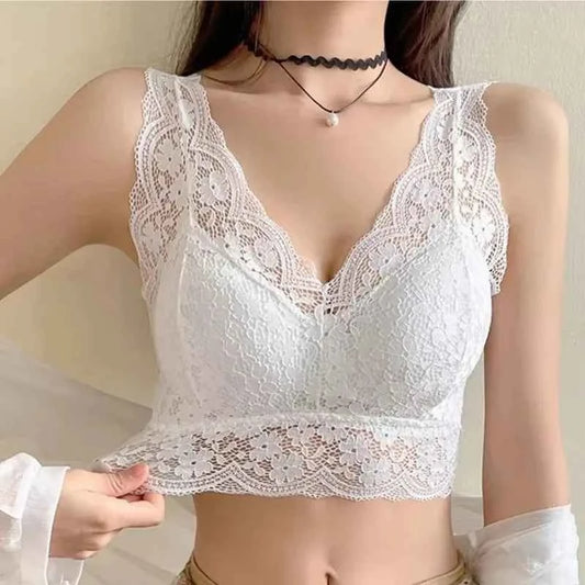 Floral Lace Bralette Camisole – Wire-Free Padded Deep V Crop Top for Women