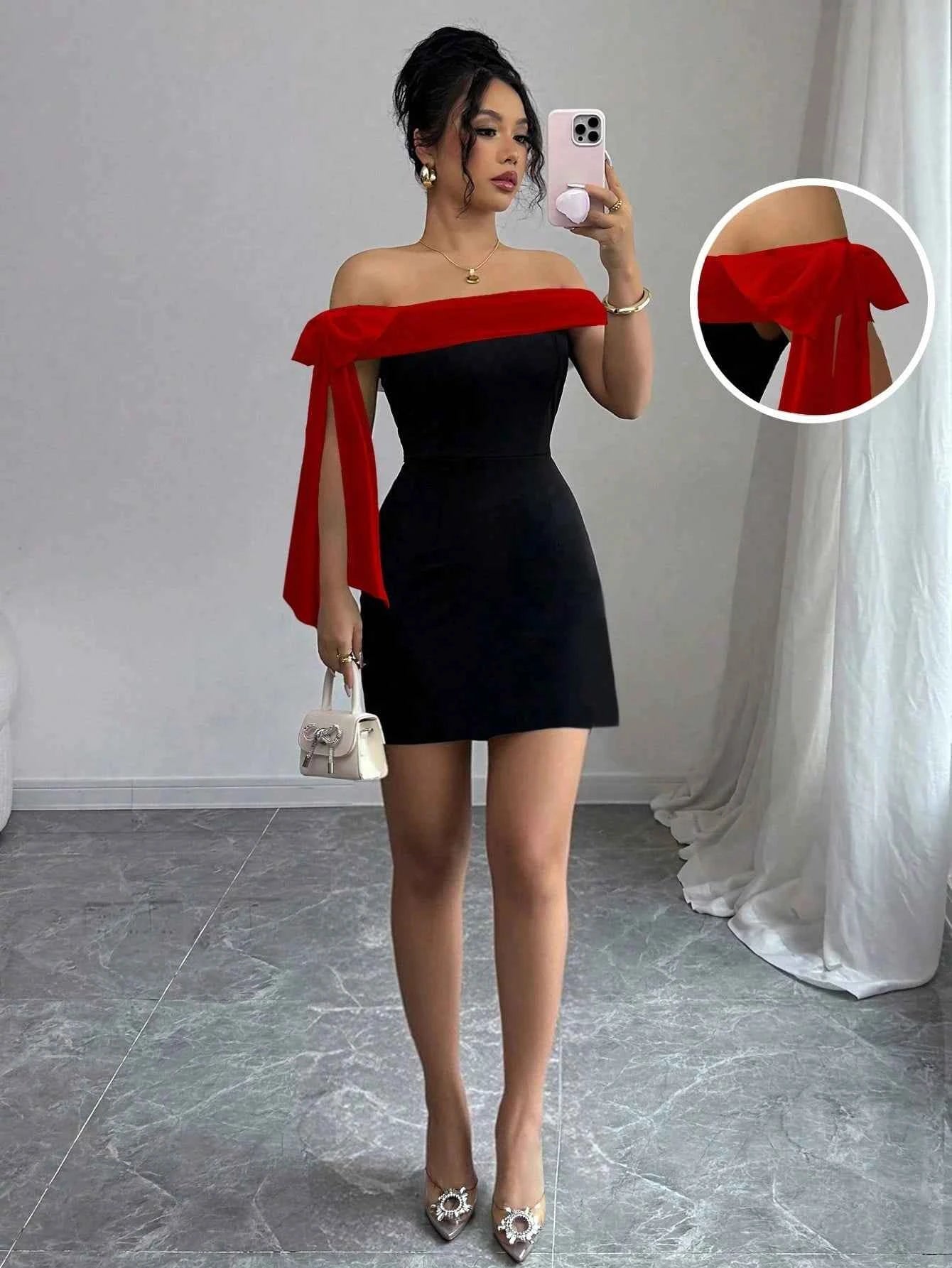 Off-Shoulder Bow Mini Dress – Slim Fit Bodycon Party Dress