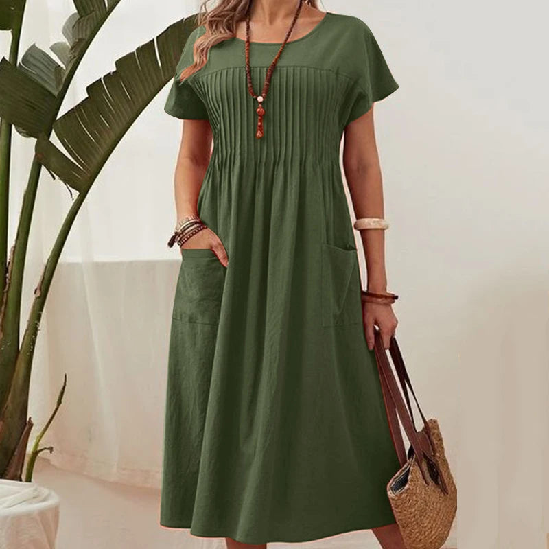 O-Neck Solid Midi Sundress — Elegant Short Sleeve Holiday Dress