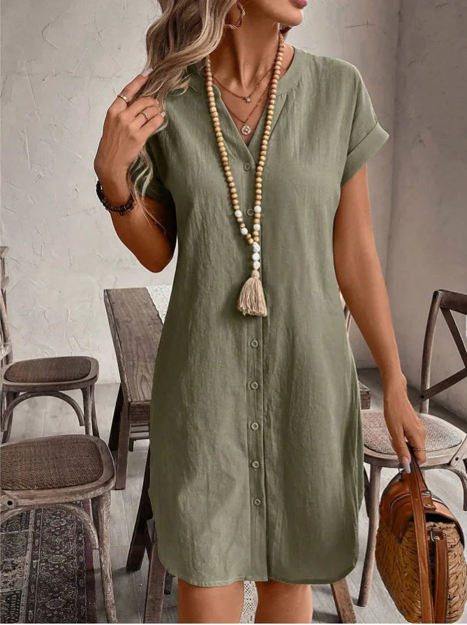 Women Casual Blouse Dress Simple V Neck Button Linen Dress Pockets Loose Large Size Shirt Dress Plus Size Womens Dresses