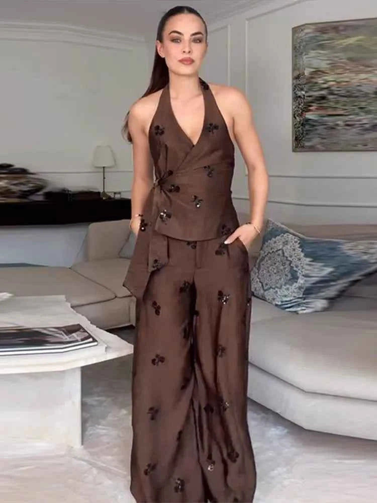 Sequin Embroidered Halter V-Neck Wrap Top & Wide Leg Pants Set 2026 Summer Chic Elegant Women Vocation Casual Two Piece Outfit