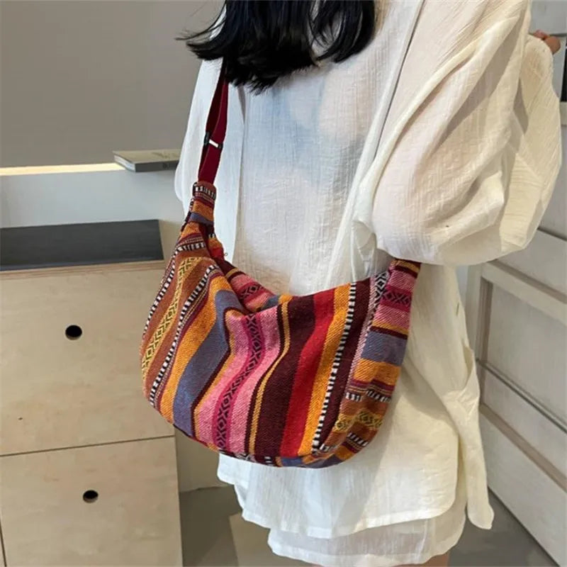 Women's Tribal Stripe Crossbody Bag – Boho Canvas Shoulder Bag with Zipper & Interior Pocket