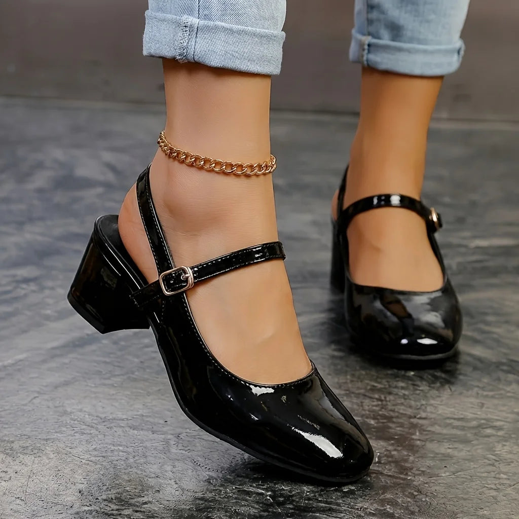 Women's Patent Leather Slingback Mary Jane Pumps | Block Heel Ankle Strap Dress Shoes