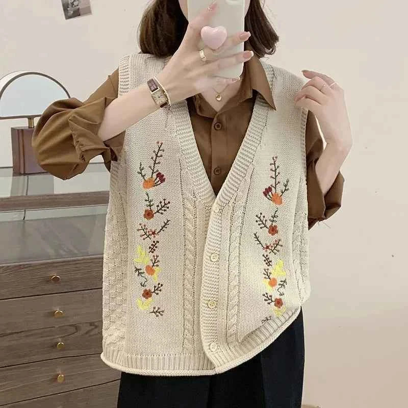 Spring Autumn 2024 Chinese Style Fashion Women's Knitted Cardigan Sweater Vest Sleeveless Age Reduction Ladies Waistcoat Jacket