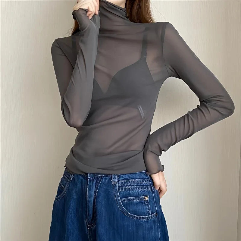 Women's Sheer Lace Mesh Blouse | Long Sleeve See-Through Turtleneck Top