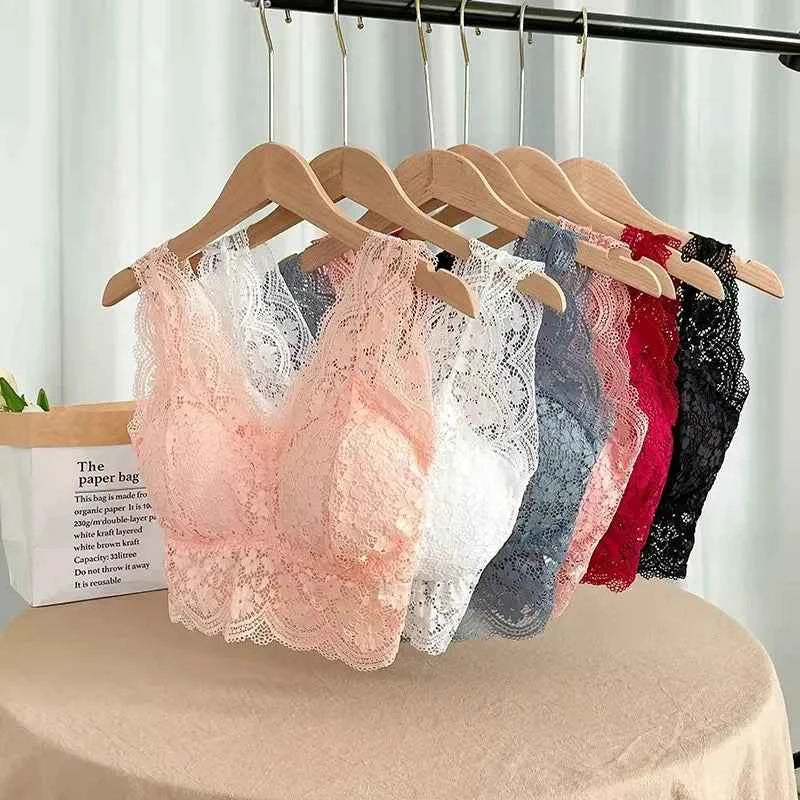 Floral Lace Bralette Camisole – Wire-Free Padded Deep V Crop Top for Women