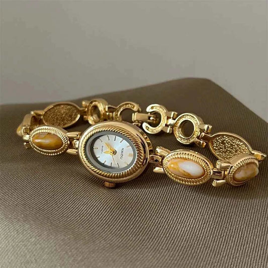 Vintage Colored Gemstones Wristwatch for Women Elegant Quartz Watch Luxury Oval Bracelet Watch