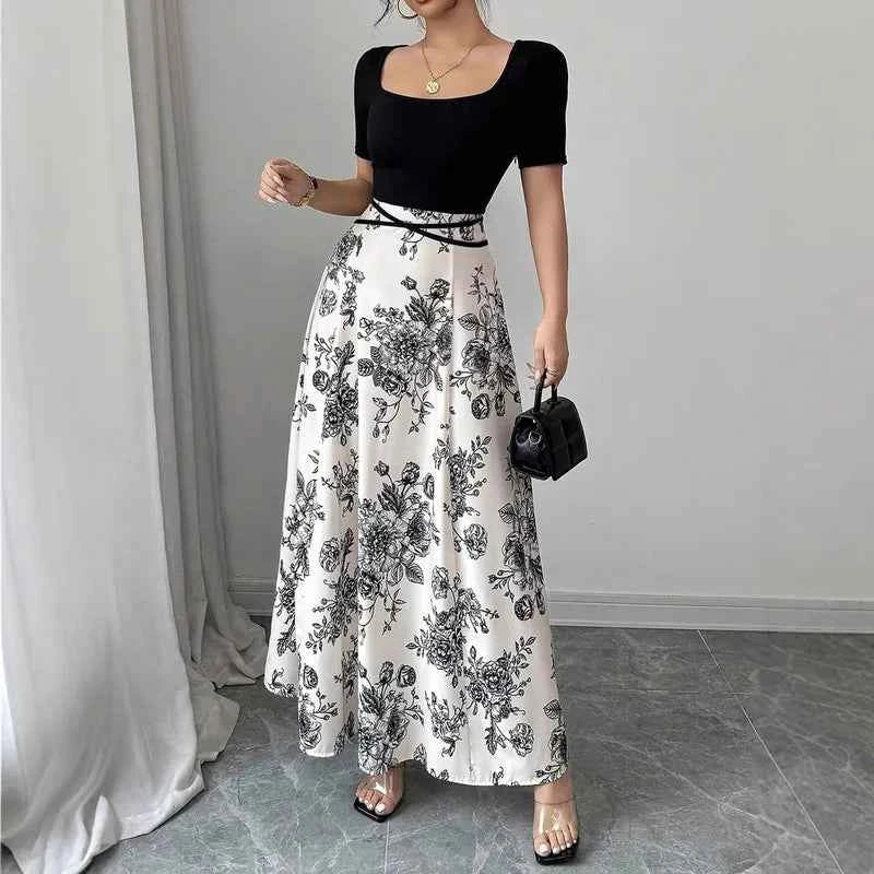 Womens Dresses Casual And Elegant Temperament Floral Print Short Sleeved Long Dress