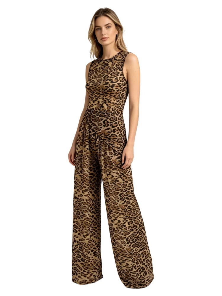 Women's Leopard Print Two-Piece Set | Sleeveless Crop Top & Wide Leg Trousers