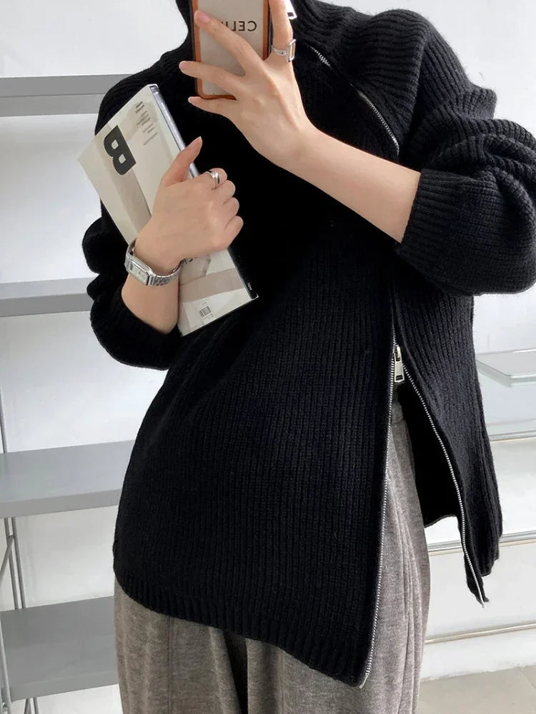 Women's Turtleneck Zipper Oversize Fashion Women Sweaters 2026 Autumn Knitwears Loose Thick Warm High Neck Solid Pullovers Women