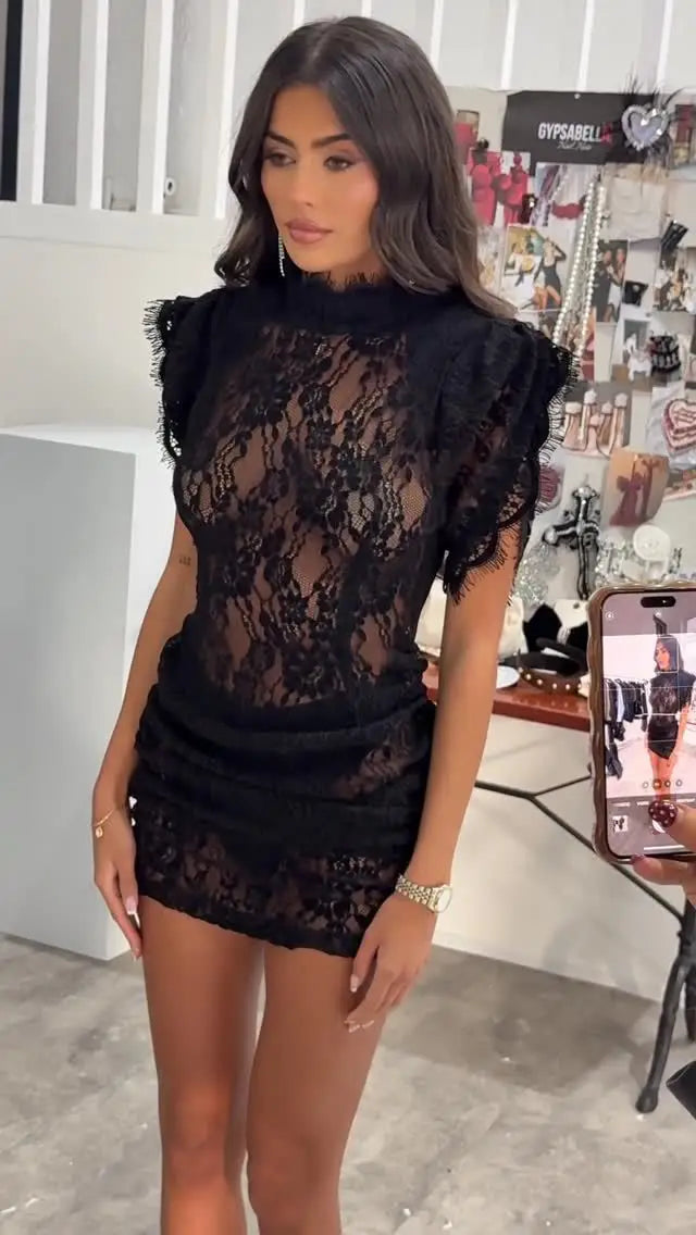 Lace Retro Mini Dress — Sleeveless Slim Wrap Hip Party Dress