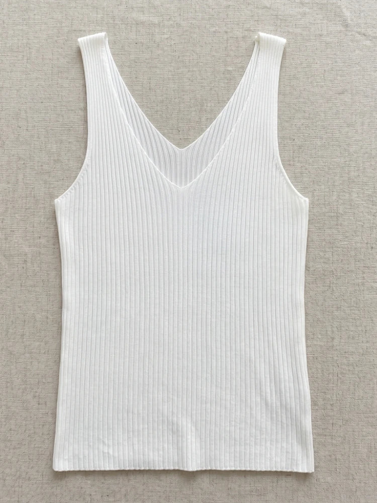 Ice Silk Knit Camisole Tank Top – Slim Fit V-Neck Sleeveless Top for Women