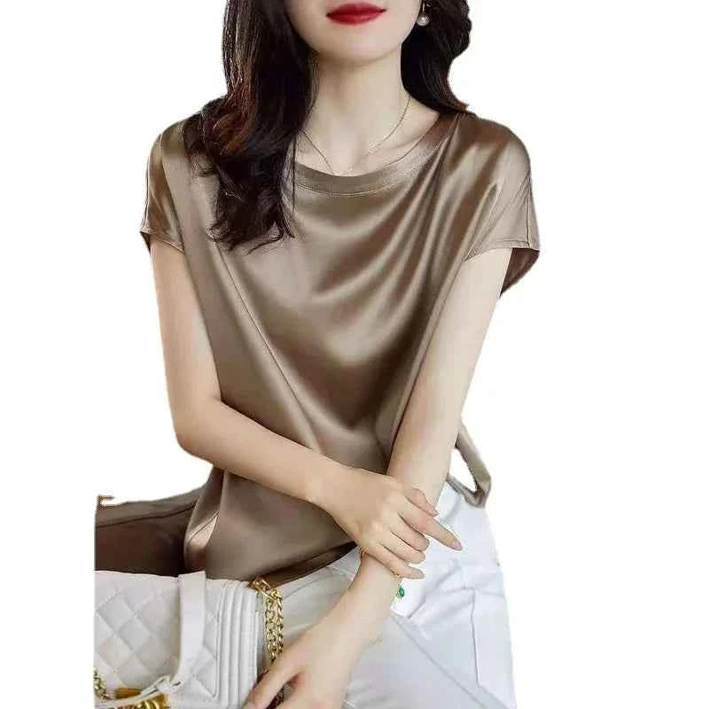 Summer Raglan Sleeve Faux Silk Satin Blouse Women Elegant Office OL Tops Loose Fit T-Shirts Basic Blusas Female Tunic Oversized