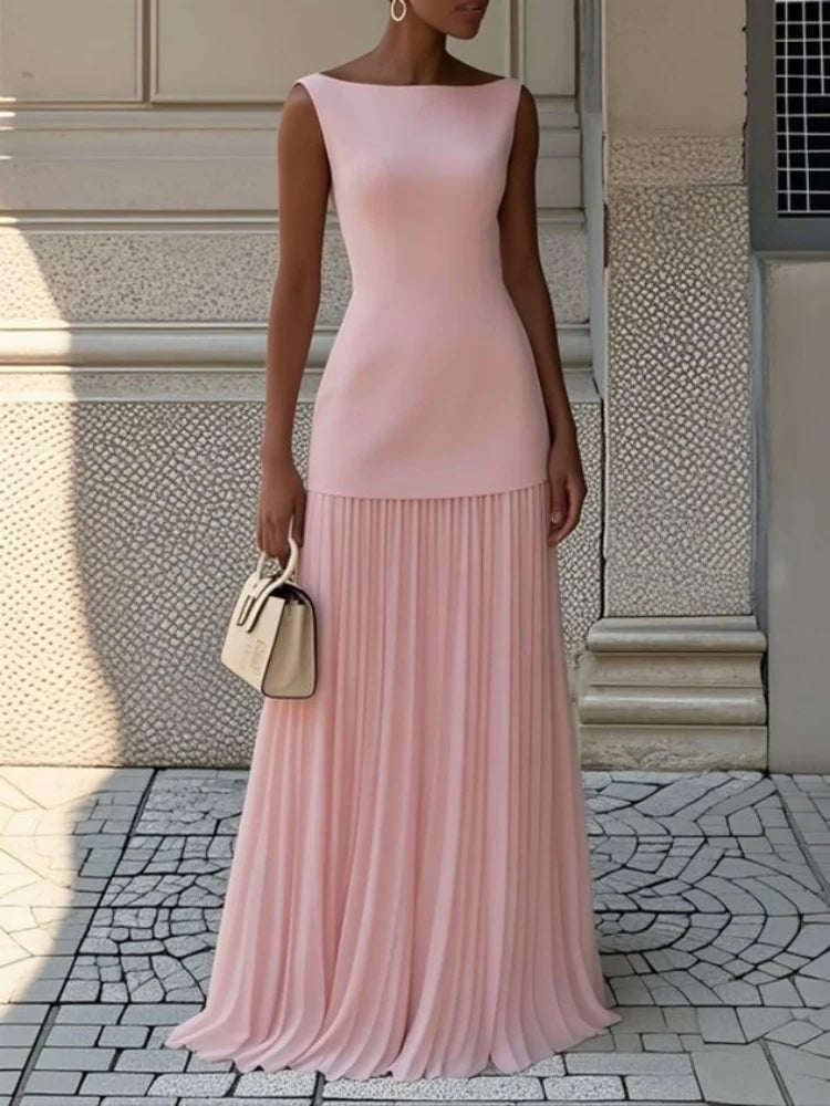 Pleated Skirt Set — Slash Neck Sleeveless Boho Maxi Dress