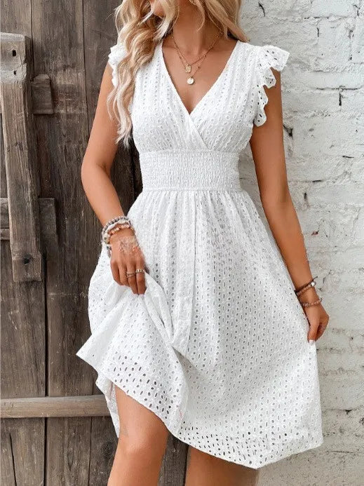 Lotus Leaf Sleeve Elegant Dress — Colorful Casual Commuter Summer Dress