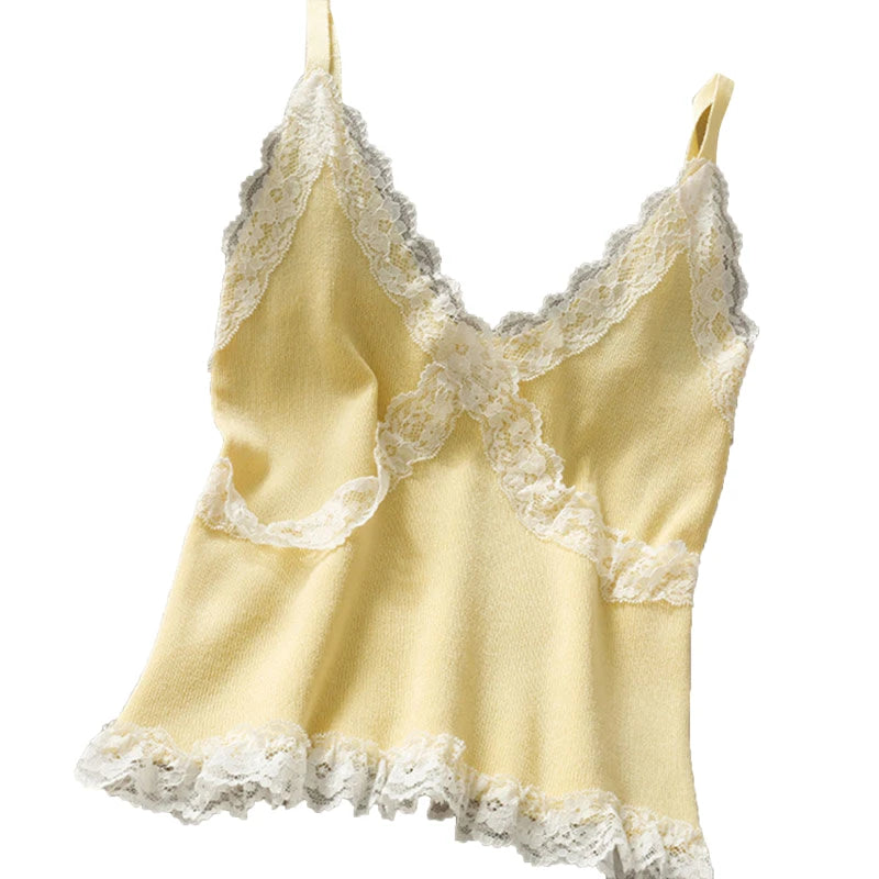 Women's Lace Cami Tank Top | Y2K Cropped Camisole | V-Neck Knit Sleeveless Top