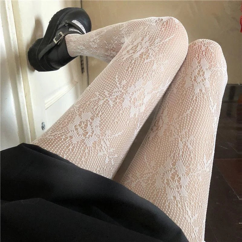 White and Black Lace Hollowed Out Lace Mesh Pantyhose Floral Rattan Bottomed Stockings Spring/Summer Thin Style New