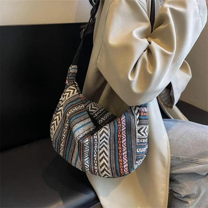 Women's Tribal Stripe Crossbody Bag – Boho Canvas Shoulder Bag with Zipper & Interior Pocket