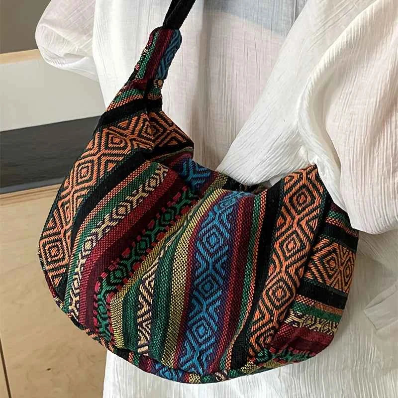 Women's Tribal Stripe Crossbody Bag – Boho Canvas Shoulder Bag with Zipper & Interior Pocket