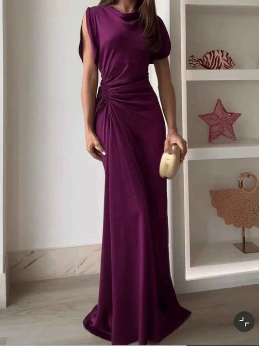 Casual O-neck Draped Gowns Dress Elegant Hight Waist Slim Fit Evening Dress Vestidos  Women Fashion Temperament Solid Long Dress