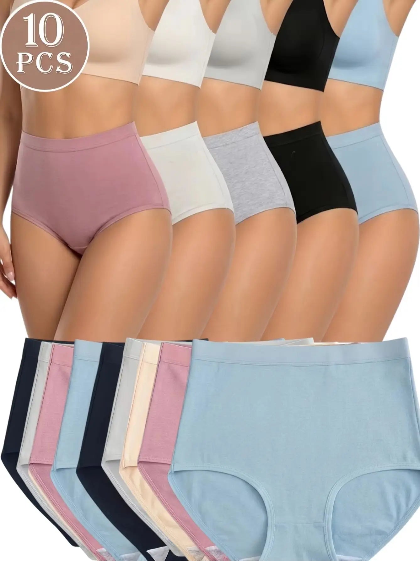 10-Piece Cotton Briefs for Women, Mid-Rise Stretch Underwear