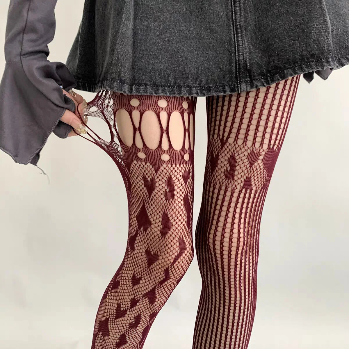 Heart Hollow Fishnet Pantyhose — Y2K Lace Mesh Tights & Body Stockings