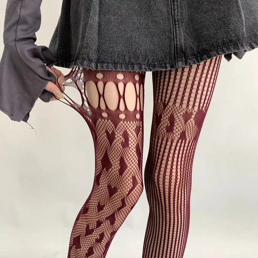 Heart Hollow Fishnet Pantyhose — Y2K Lace Mesh Tights & Body Stockings