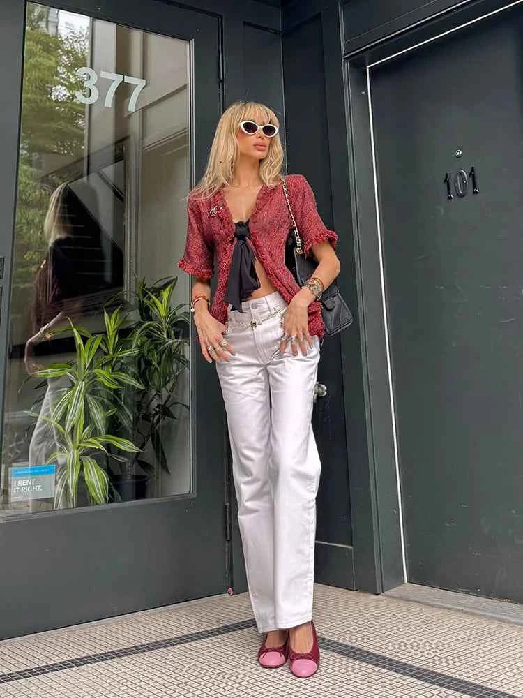 Vintage Fringed Fitted Shirts Women V Neck Short Sleeves Lace Up Ruffles Blouse Female 2026 Summer New Chic Fashion Tops Lady