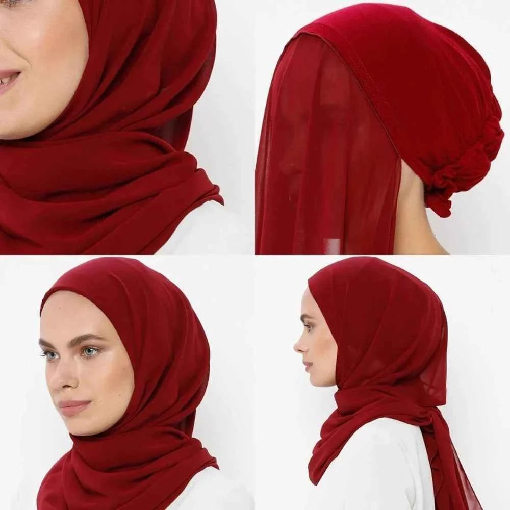 Instant Hijab with Tube Caps Women Premium Chiffon Hijab Muslim Soft Modal Cotton Open Caps Solid Colors Chiffon Shawl Turban