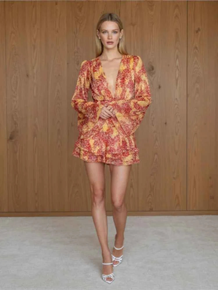 Women Elegant Printed Short Dress Chic V-neck Short Sleeve A-line Bodycon Mini Dresses 2026 Lady New Summer Vacation Street Robe